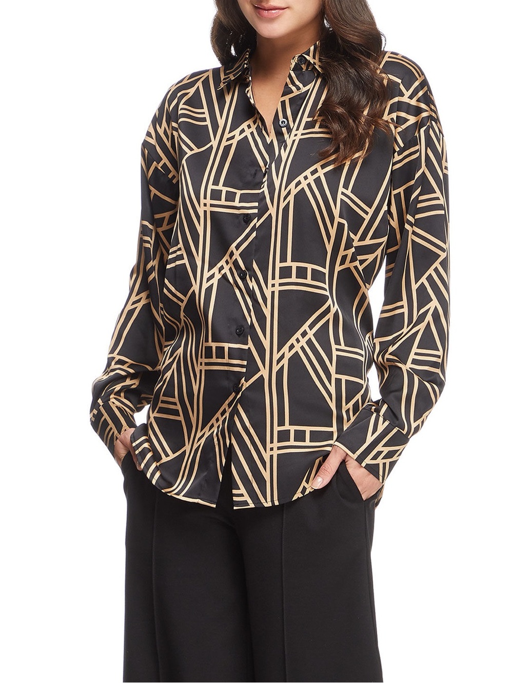 Karl Lagerfeld Medium Black and Gold Abstract Geo Print Button Down Blouse B4
